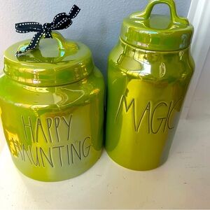 Rae Dunn Set Of (2) HAPPY HAUNTING & MAGIC Green Iridescent Halloween Canisters